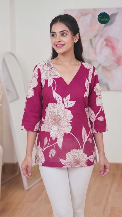 Cotton Royal Wine Botanical Kurti – Luxe Nature-Inspired Ethnic Elegance (Only Kurti) (S–5XL)