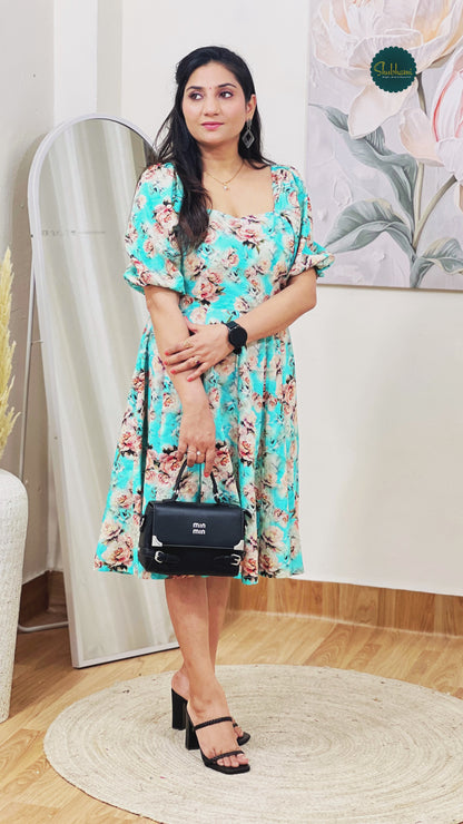 Cotton Blue Floral A-Line Midi Dress – Breezy Bohemian Everyday Wear (S–5XL)