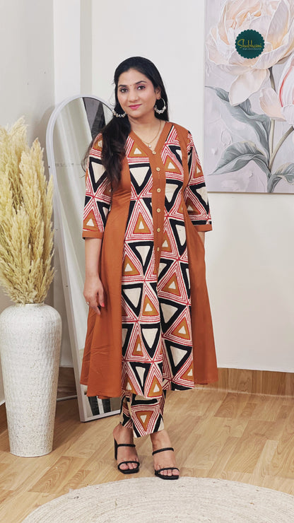Cotton Geometric Print Midi Dress – Artistic Modern Casual Ethnic (S–5XL)