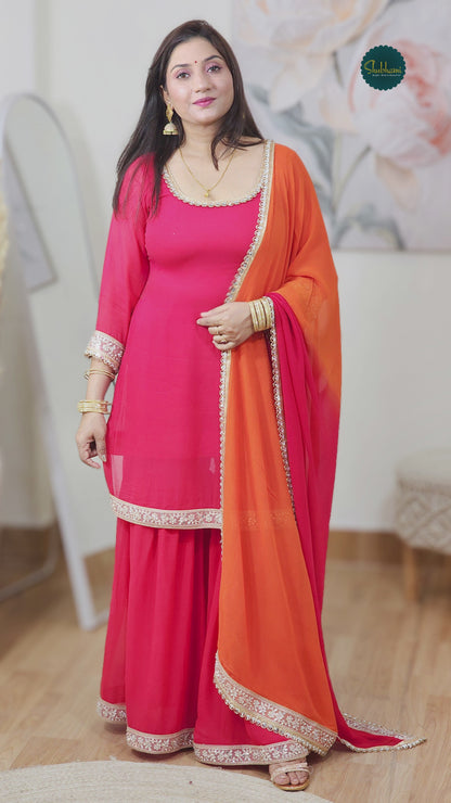 Georgette Fiery Rose Sunset Orange Sharara Dupatta Set – Bold Ethnic Festive (S–5XL)