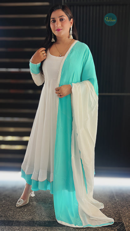 Regal Vanilla & Cyan Contrast Festive Anarkali Suit Set – Bold Ethnic Festive (S–5XL)