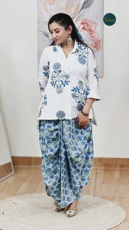 Cotton Sky Blue Floral Dhoti Shirt Set – Bohemian Ethnic