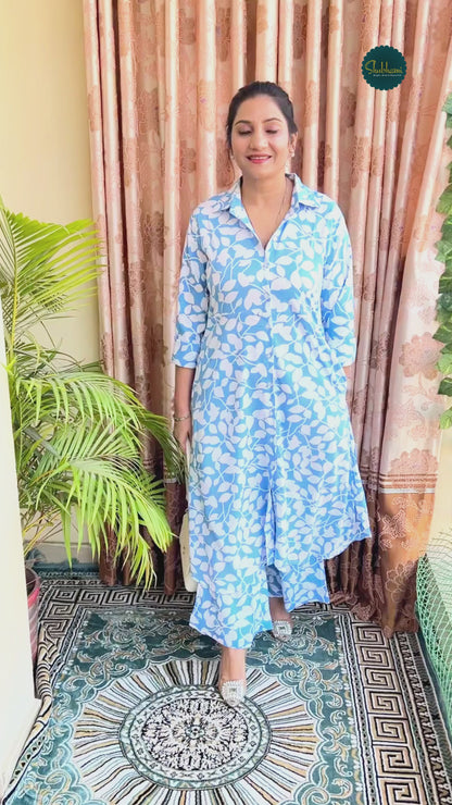 Women’s Blue Leaf Print Shirt Kurti & Palazzo Set – Soft Cotton Everyday Ethnic (S–5XL)