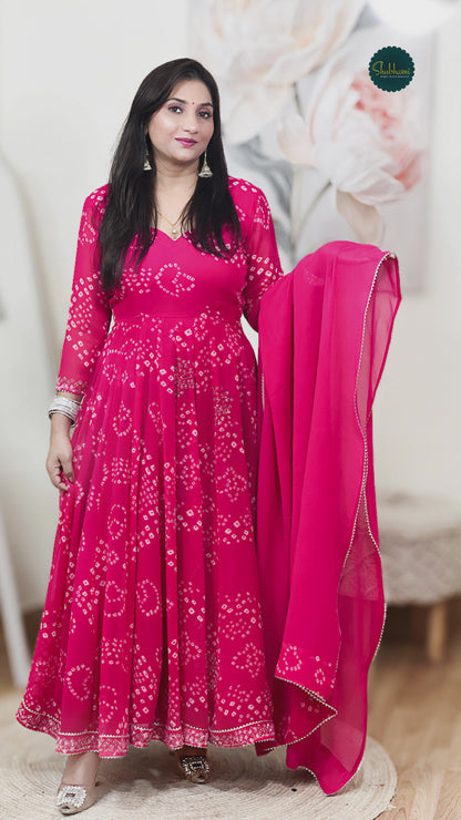 Rani Pink Bandhani Printed Anarkali Set – Vibrant Traditional Festive Ethnic (S–5XL)