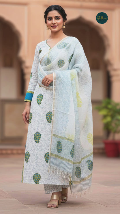 Cotton Pearl White Hand-Block Unstitched Suit Material – Timeless Artisanal Ethnic Purity