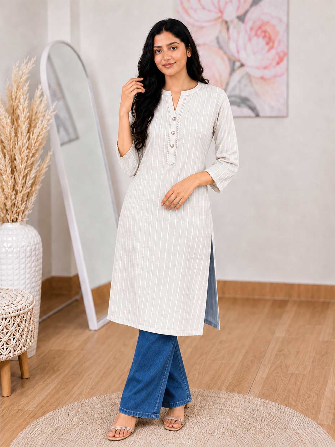 Pearl White Straight Kurti – Minimalist Everyday Elegance(S–5XL)(Only Kurti)