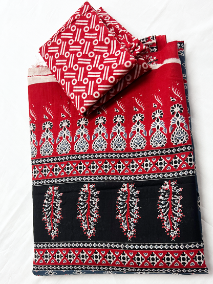 Cotton Red Handblock Saree – Vibrant Artisanal Heritage Elegance (One Size)