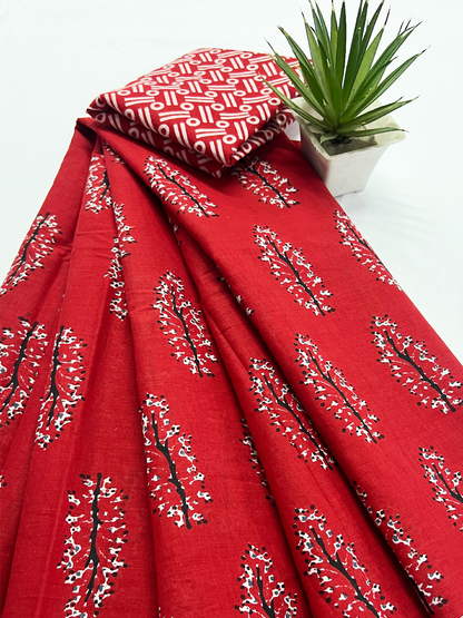 Cotton Red Handblock Saree – Vibrant Artisanal Heritage Elegance (One Size)