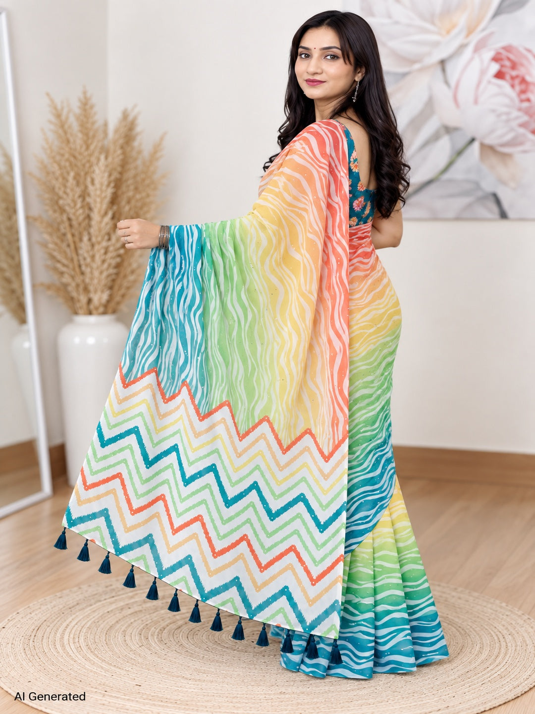 Rainbow Waves Laharia Saree – Georgette – Vibrant, Traditional Elegance
