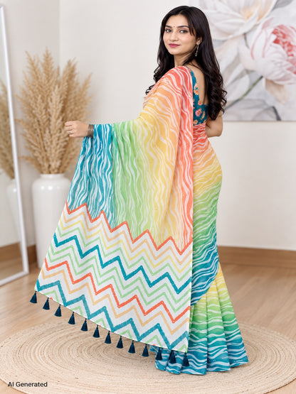 Rainbow Waves Laharia Saree – Georgette – Vibrant, Traditional Elegance