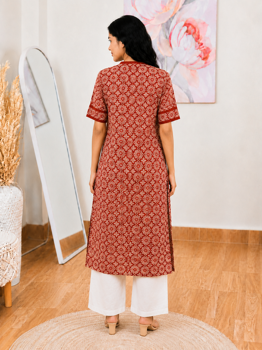 Cotton Brick Blossom Long Kurti – Elegant Everyday Charm (Only Kurti) (S–5XL)