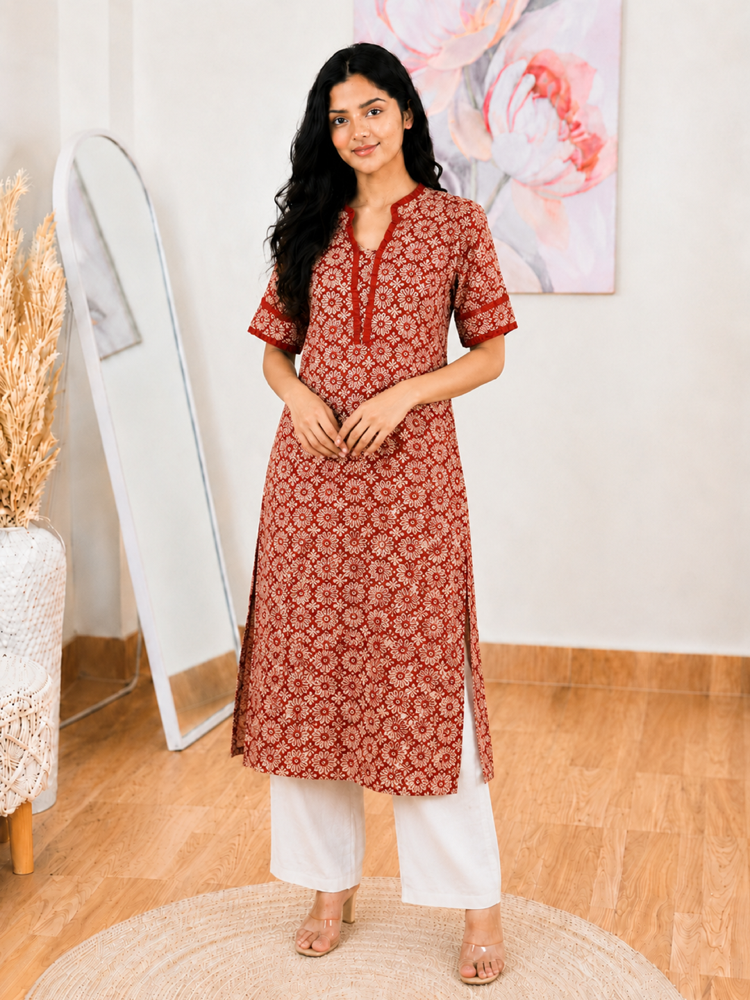 Cotton Brick Blossom Long Kurti – Elegant Everyday Charm (Only Kurti) (S–5XL)