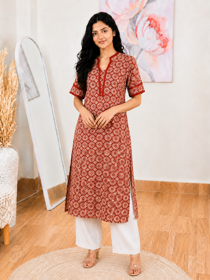 Cotton Brick Blossom Long Kurti – Elegant Everyday Charm (Only Kurti) (S–5XL)