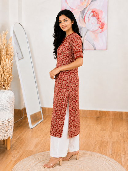 Cotton Brick Blossom Long Kurti – Elegant Everyday Charm (Only Kurti) (S–5XL)