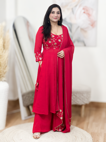 Georgette Red Rangoli Royal Suit – Festive Opulent Ethnic Majesty (S–5XL)