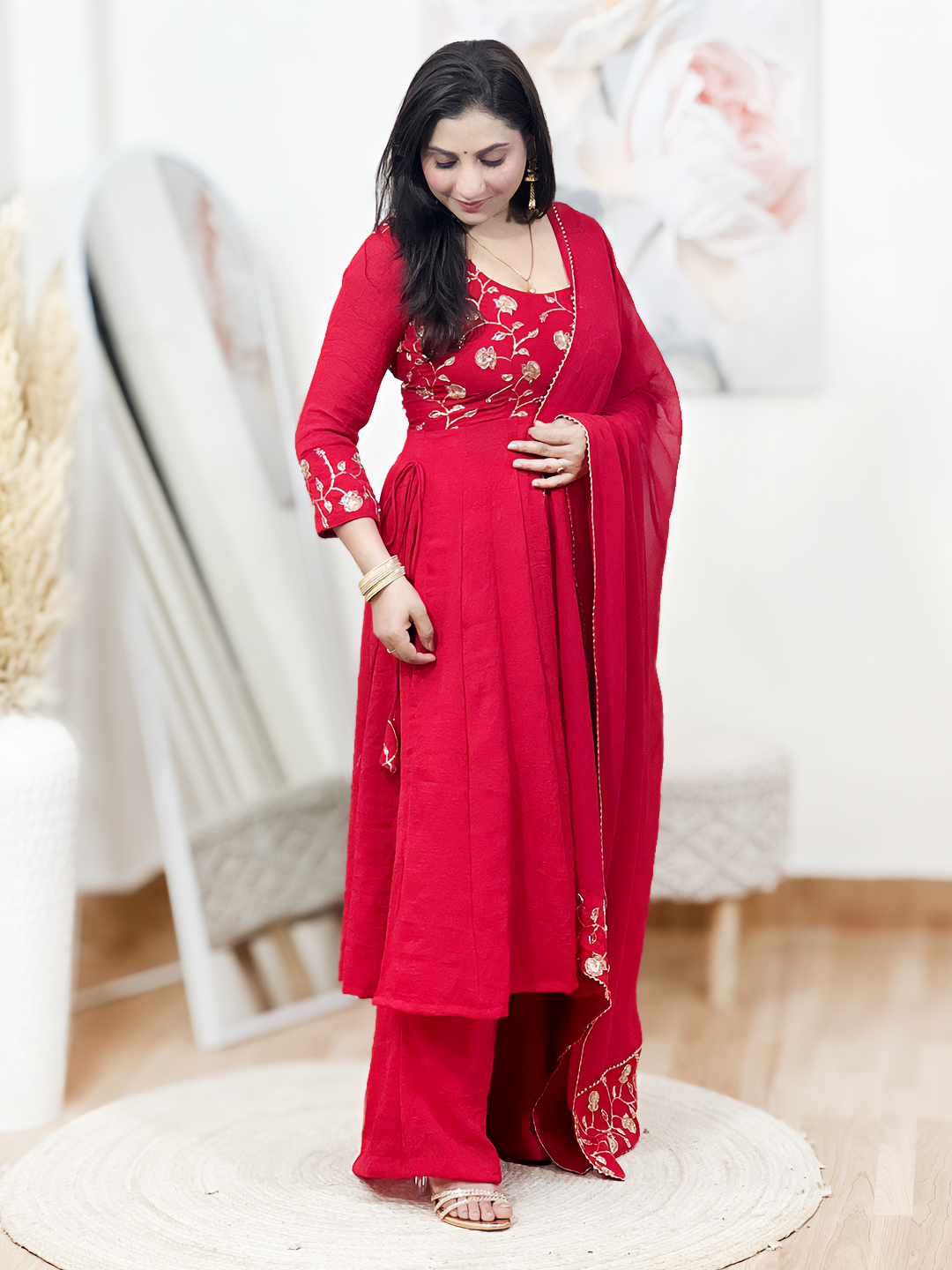 Georgette Red Rangoli Royal Suit – Festive Opulent Ethnic Majesty (S–5XL)