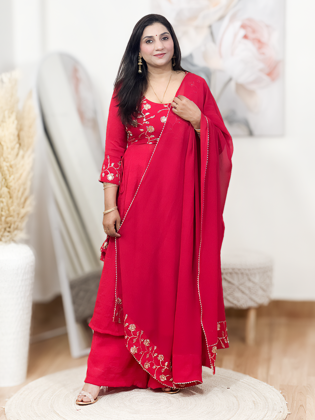 Georgette Red Rangoli Royal Suit – Festive Opulent Ethnic Majesty (S–5XL)