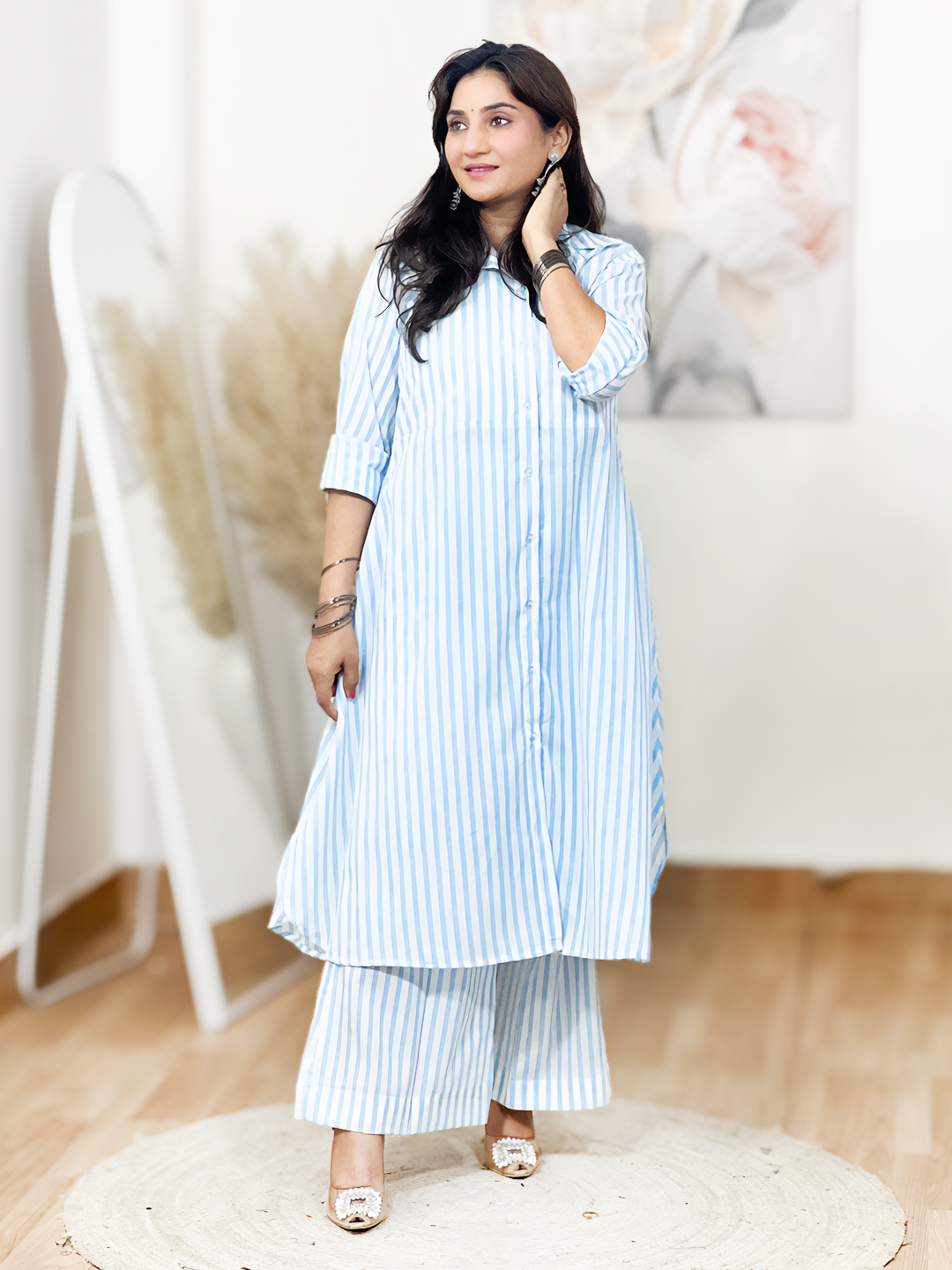 Cotton Collared Striped Set – Modern Casual Chic Co-Ord Elegance (S–5XL)