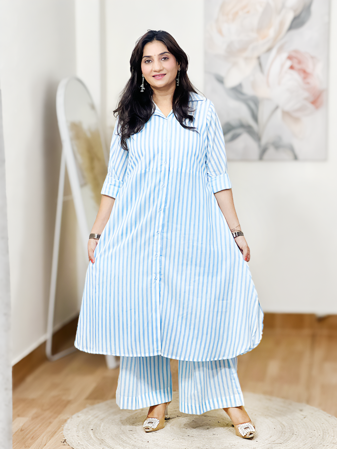 Cotton Collared Striped Set – Modern Casual Chic Co-Ord Elegance (S–5XL)