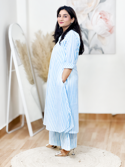 Cotton Collared Striped Set – Modern Casual Chic Co-Ord Elegance (S–5XL)