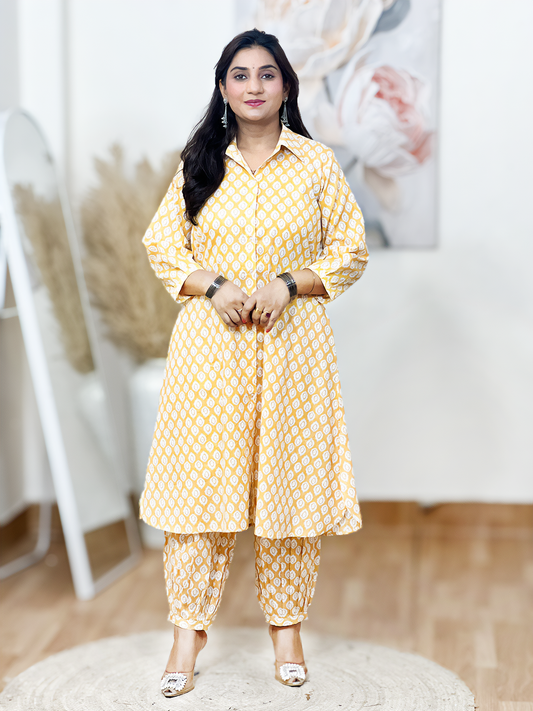 Cotton Shirt Style Kurti with Afghani Salwar – Traditional Comfort Co-Ord Elegance (S–5XL)