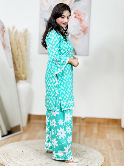 Cotton Teal Block Printed Kurti salwar Set – Artisanal Boho Comfort Elegance (S–5XL)