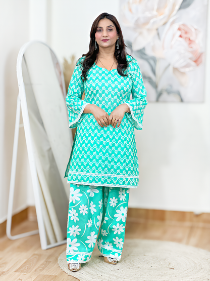 Cotton Teal Block Printed Kurti salwar Set – Artisanal Boho Comfort Elegance (S–5XL)