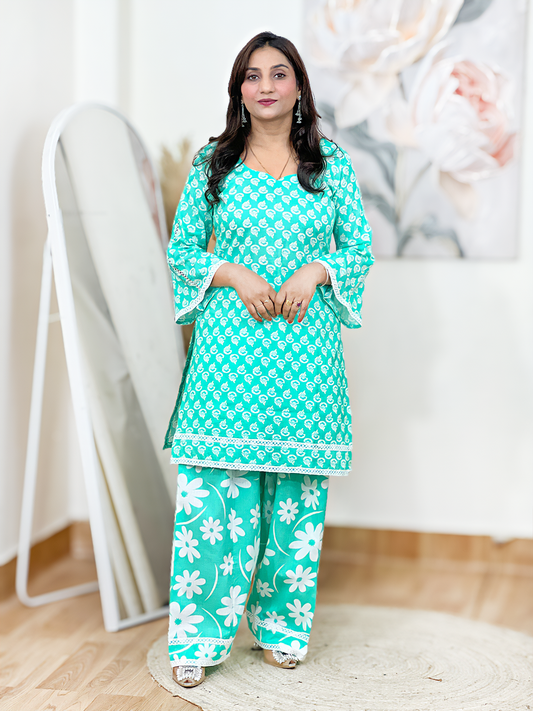 Cotton Teal Block Printed Kurti salwar Set – Artisanal Boho Comfort Elegance (S–5XL)