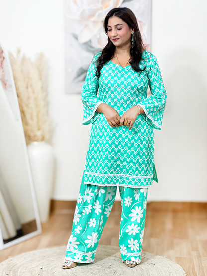 Cotton Teal Block Printed Kurti salwar Set – Artisanal Boho Comfort Elegance (S–5XL)