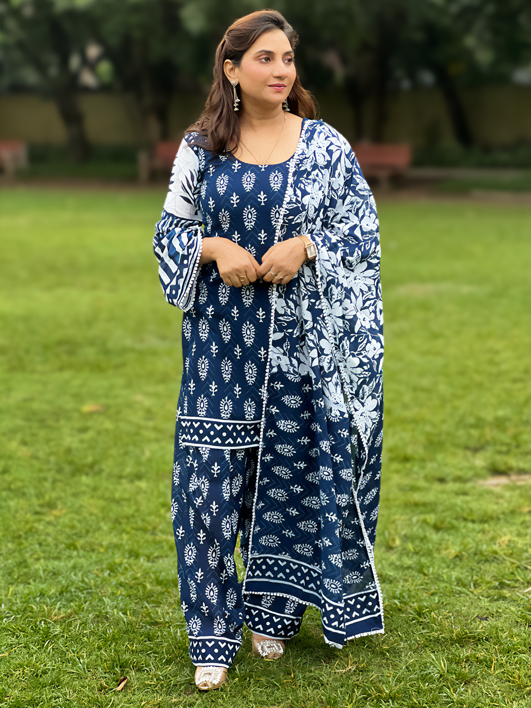 Indigo Print pure cotton suit set – Timeless Ethnic Elegance(S–5XL)