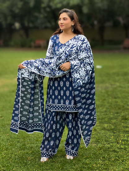 Indigo Print pure cotton suit set – Timeless Ethnic Elegance(S–5XL)