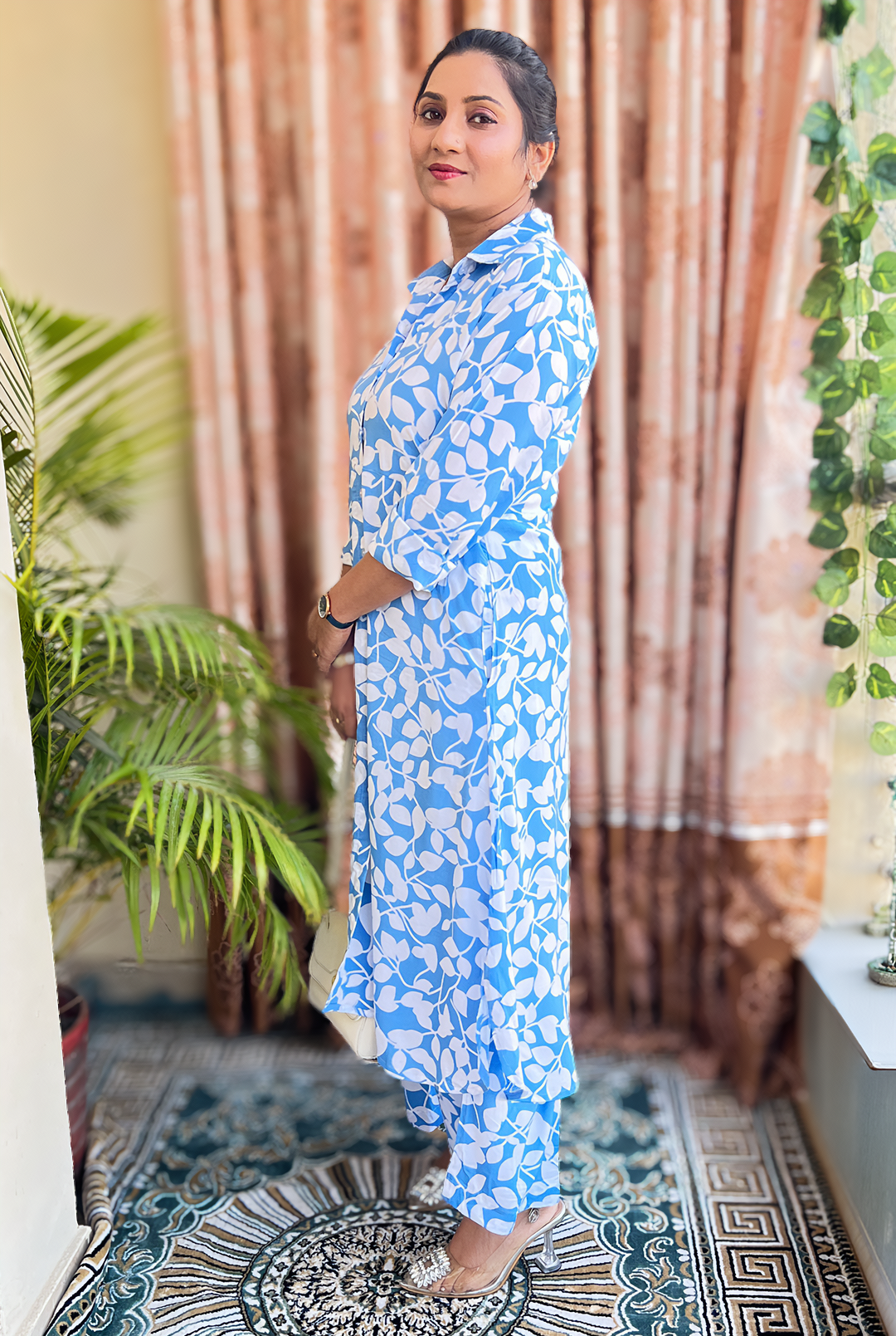 Women’s Blue Leaf Print Shirt Kurti & Palazzo Set – Soft Cotton Everyday Ethnic (S–5XL)