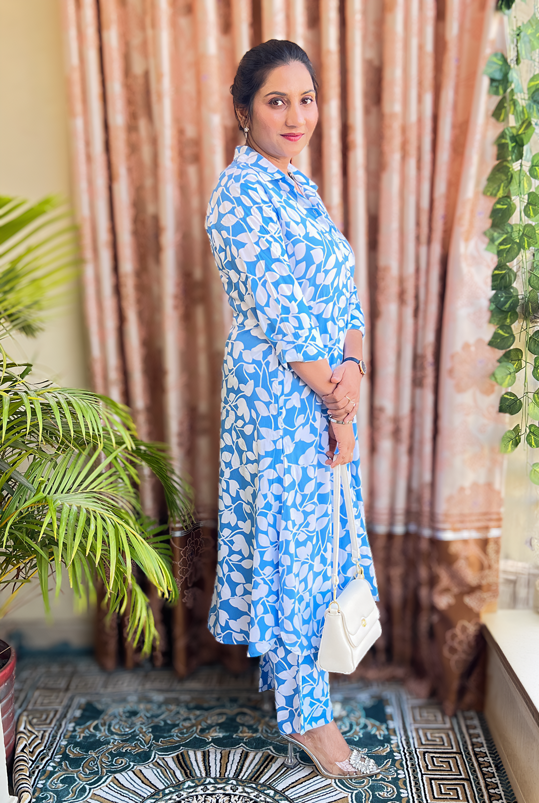 Women’s Blue Leaf Print Shirt Kurti & Palazzo Set – Soft Cotton Everyday Ethnic (S–5XL)