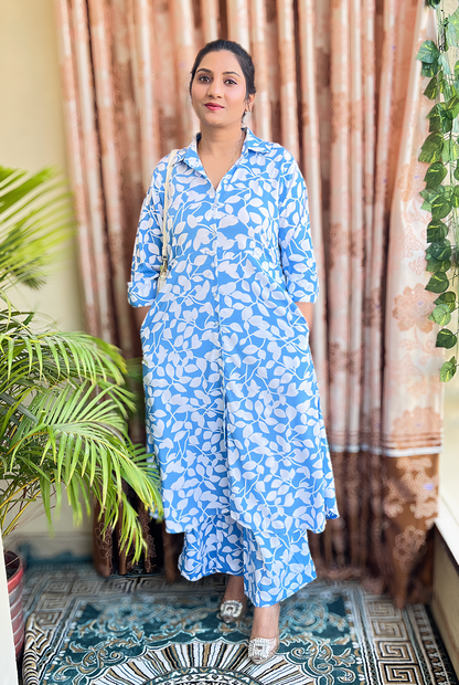 Women’s Blue Leaf Print Shirt Kurti & Palazzo Set – Soft Cotton Everyday Ethnic (S–5XL)