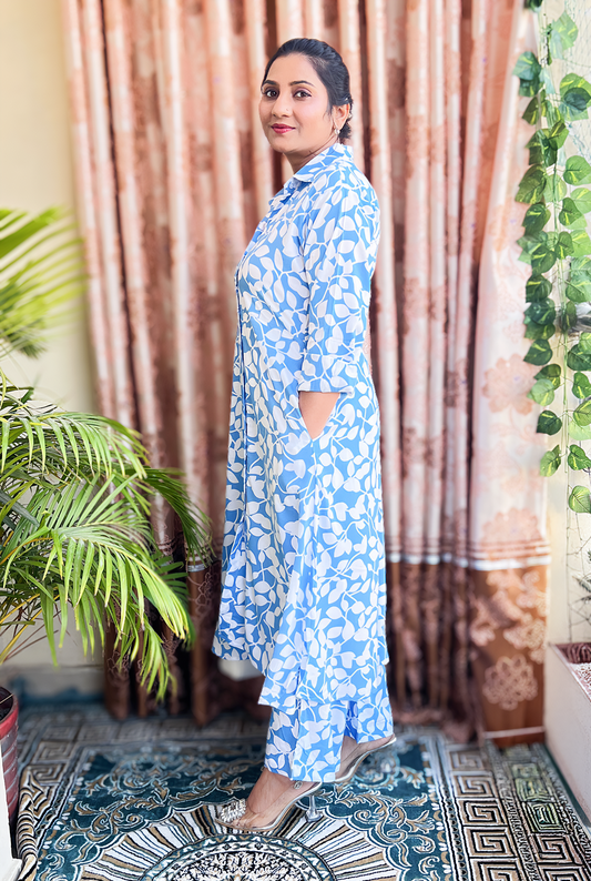 Women’s Blue Leaf Print Shirt Kurti & Palazzo Set – Soft Cotton Everyday Ethnic (S–5XL)