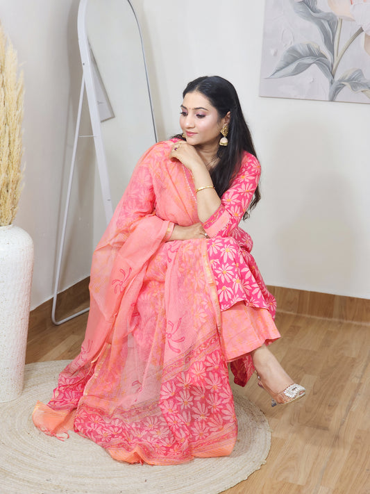 Pure Cotton Pink Floral Wrap Kurta Palazzo & Kotadoria Dupatta Set – Flowy Ethnic Everyday (S–5XL)