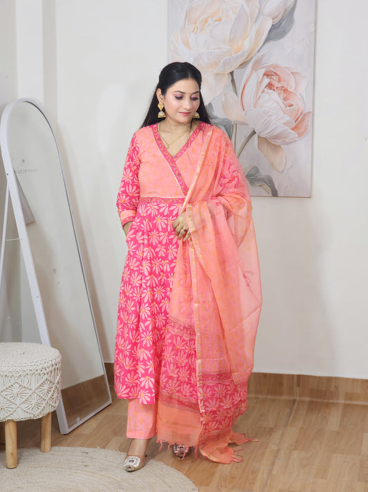Pure Cotton Pink Floral Wrap Kurta Palazzo & Kotadoria Dupatta Set – Flowy Ethnic Everyday (S–5XL)