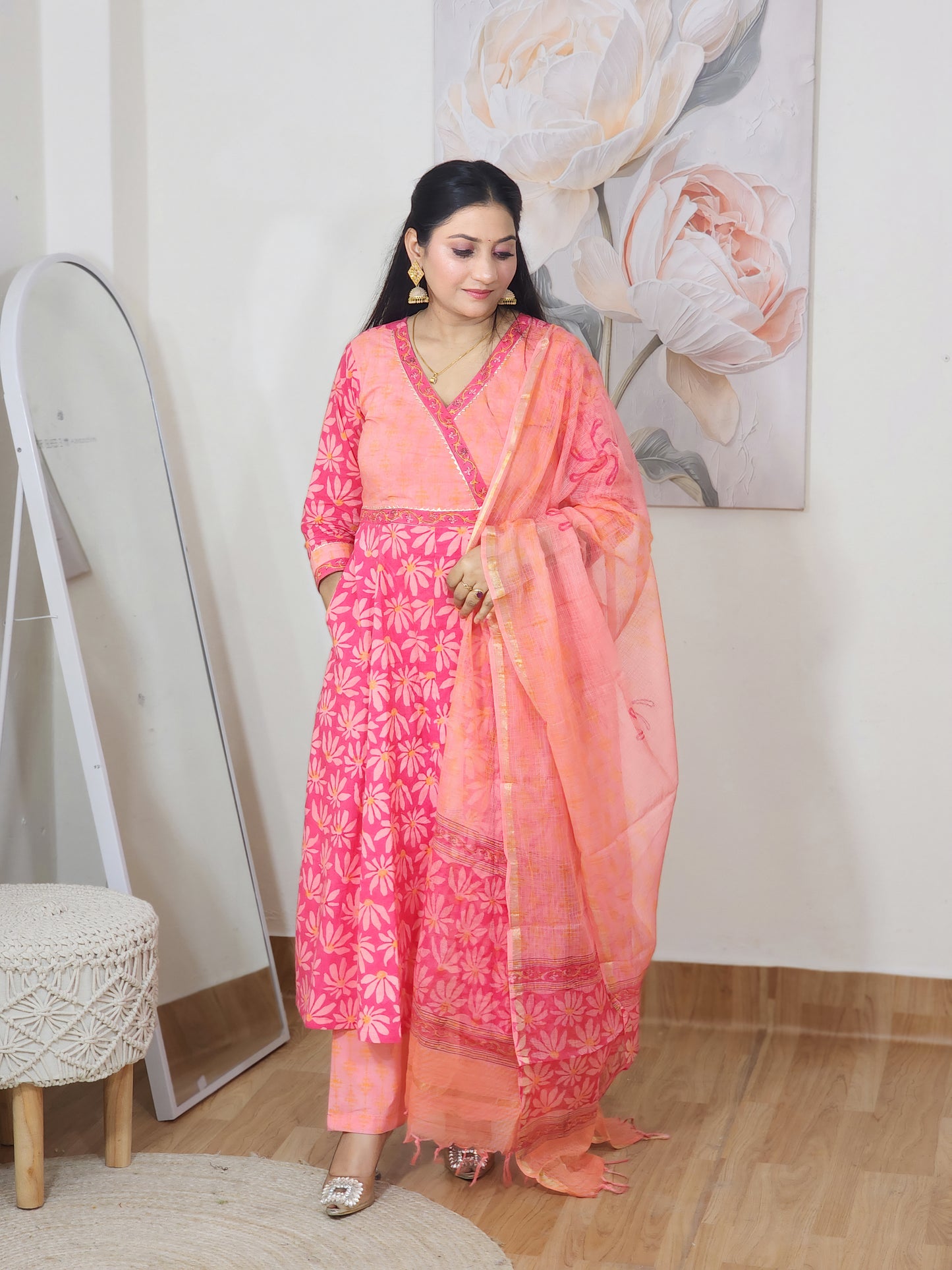 Pure Cotton Pink Floral Wrap Kurta Palazzo & Kotadoria Dupatta Set – Flowy Ethnic Everyday (S–5XL)