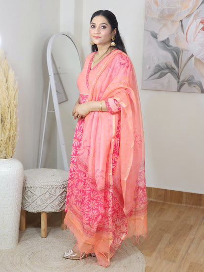 Pure Cotton Pink Floral Wrap Kurta Palazzo & Kotadoria Dupatta Set – Flowy Ethnic Everyday (S–5XL)