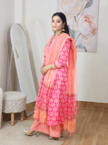 Pure Cotton Pink Floral Wrap Kurta Palazzo & Kotadoria Dupatta Set – Flowy Ethnic Everyday (S–5XL)