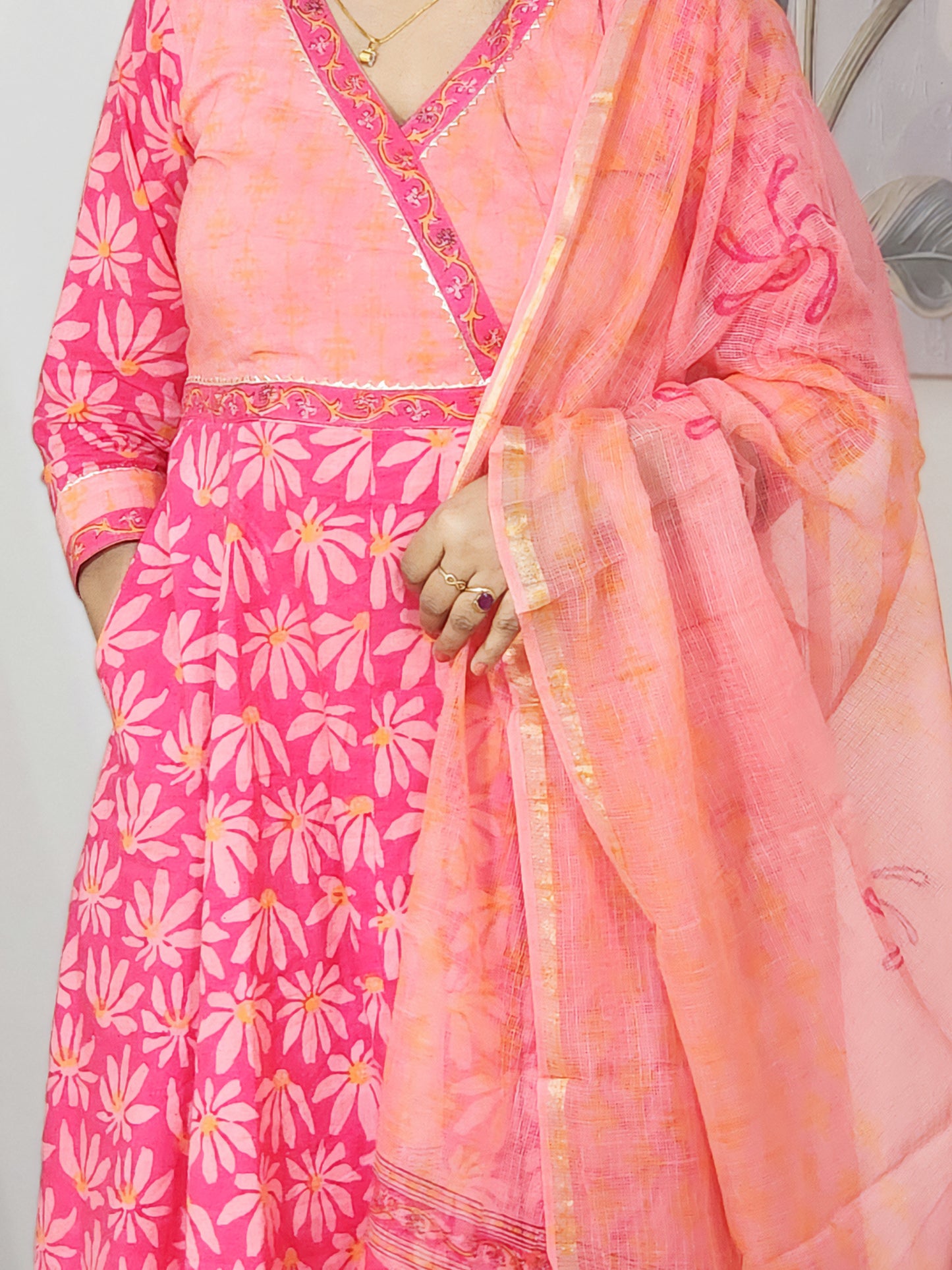 Pure Cotton Pink Floral Wrap Kurta Palazzo & Kotadoria Dupatta Set – Flowy Ethnic Everyday (S–5XL)