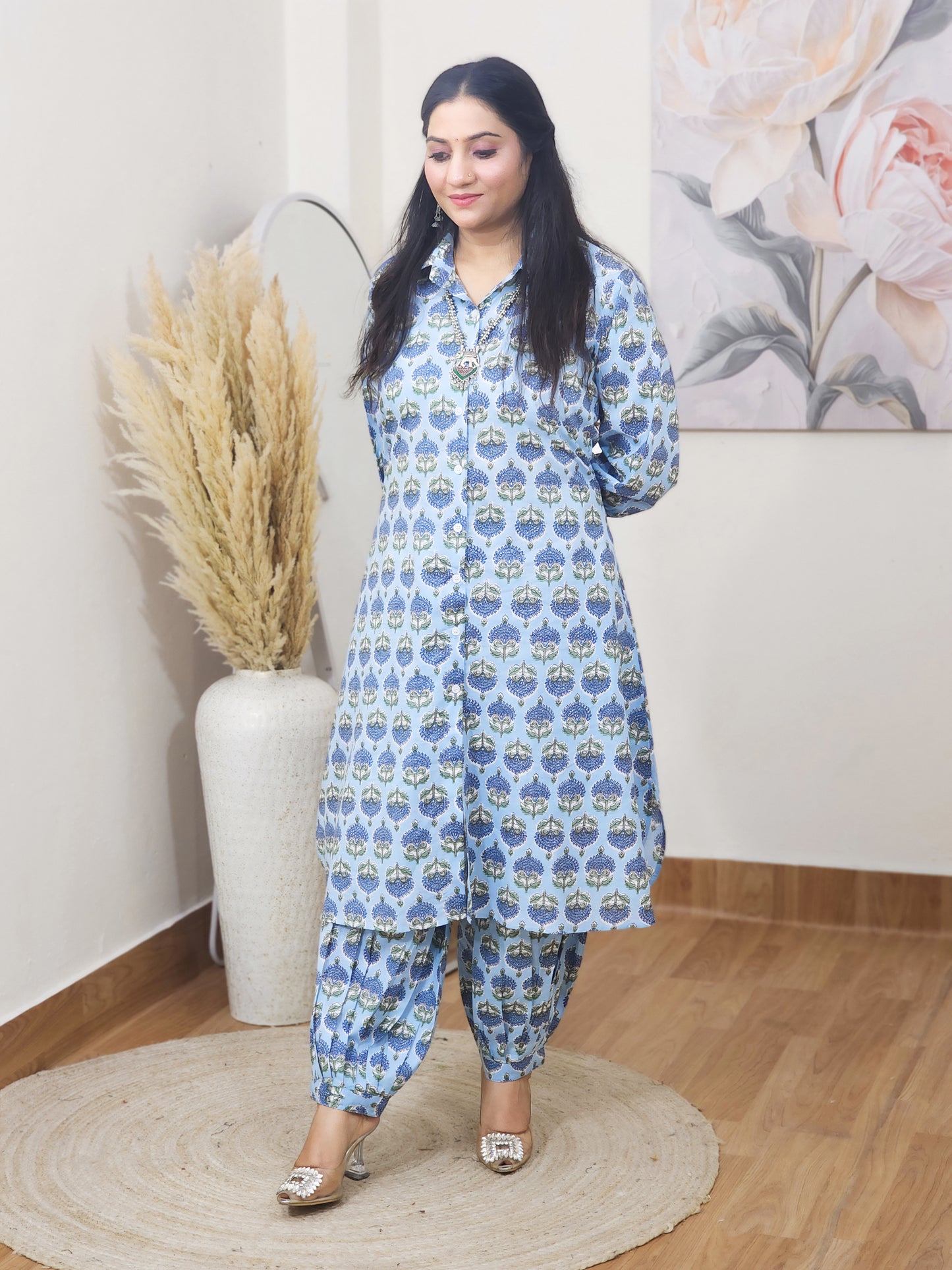 Cotton Blue Booti Block Print Co-ord Set – Flowy Ethnic Office Wear (S–5XL)