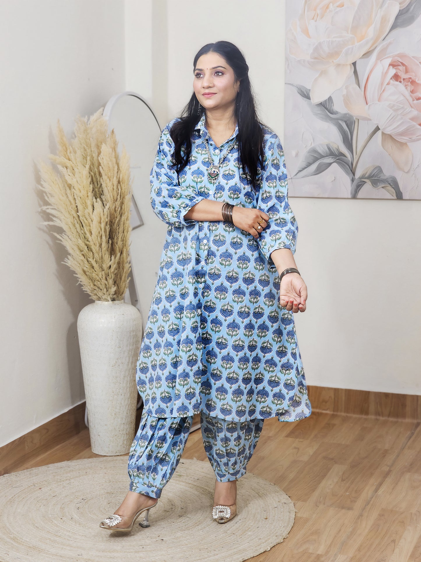 Cotton Blue Booti Block Print Co-ord Set – Flowy Ethnic Office Wear (S–5XL)