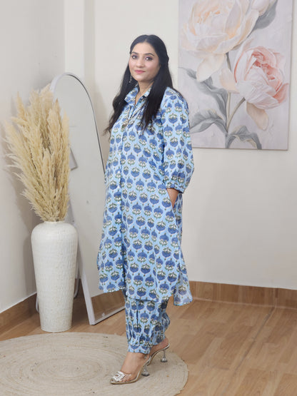 Cotton Blue Booti Block Print Co-ord Set – Flowy Ethnic Office Wear (S–5XL)