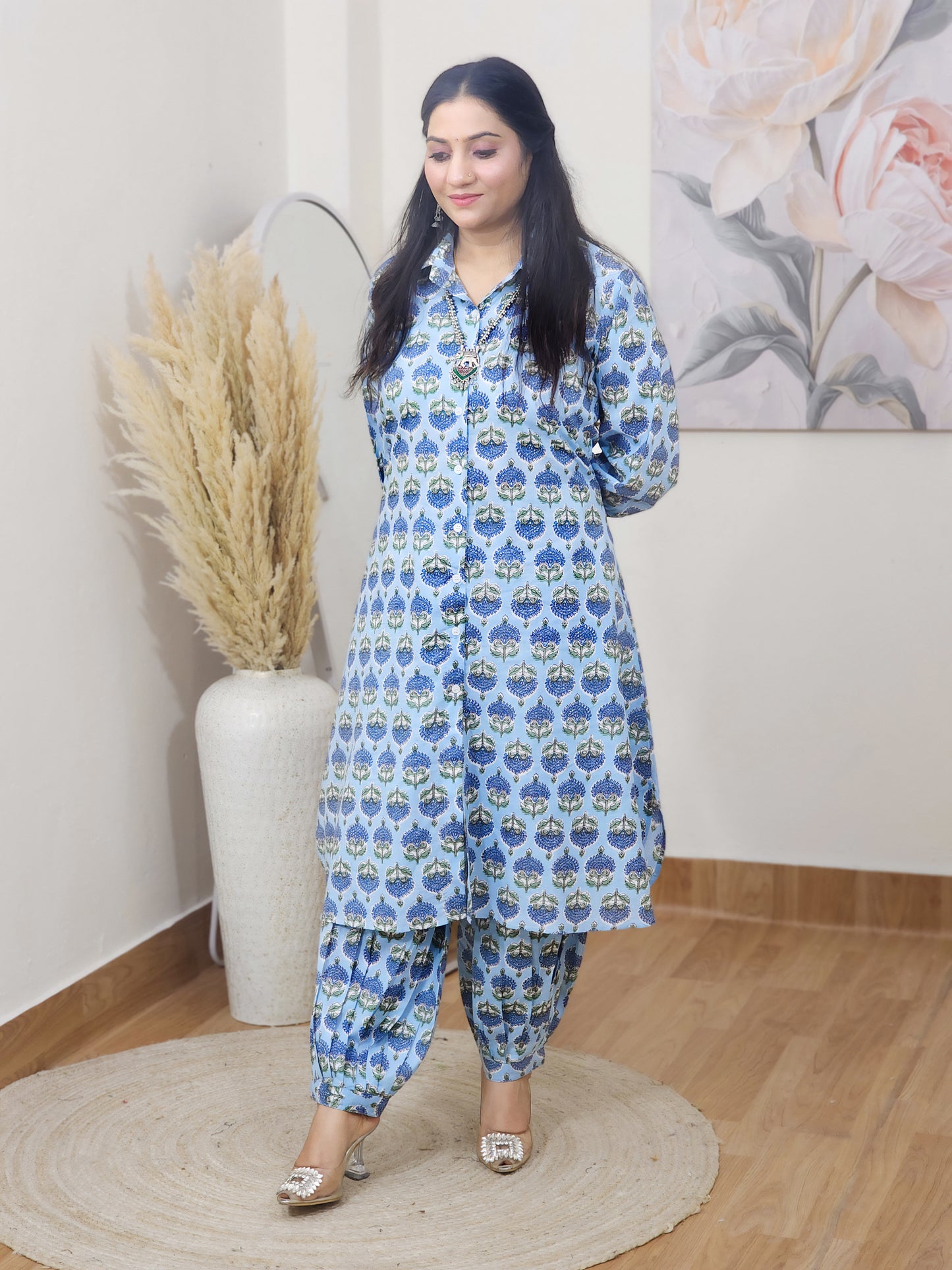 Cotton Blue Booti Block Print Co-ord Set – Flowy Ethnic Office Wear (S–5XL)