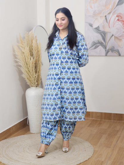 Cotton Blue Booti Block Print Co-ord Set – Flowy Ethnic Office Wear (S–5XL)