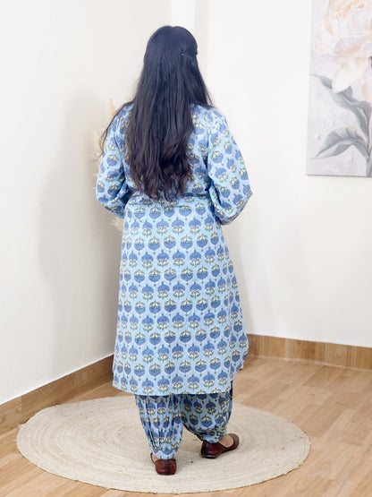 Cotton Blue Booti Block Print Co-ord Set – Flowy Ethnic Office Wear (S–5XL)