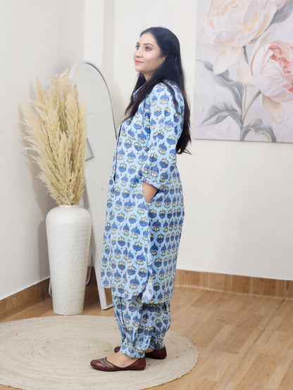 Cotton Blue Booti Block Print Co-ord Set – Flowy Ethnic Office Wear (S–5XL)