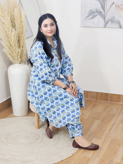 Cotton Blue Booti Block Print Co-ord Set – Flowy Ethnic Office Wear (S–5XL)