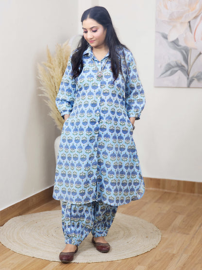 Cotton Blue Booti Block Print Co-ord Set – Flowy Ethnic Office Wear (S–5XL)